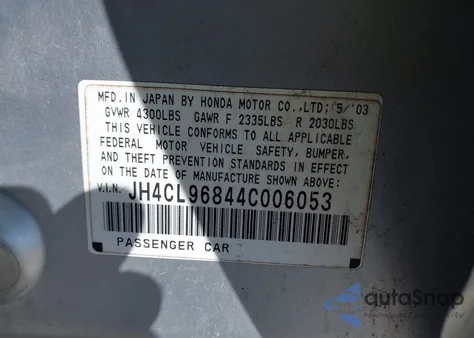 2004 Acura Tsx из США, поврежденный, VIN JH4CL96844C006053